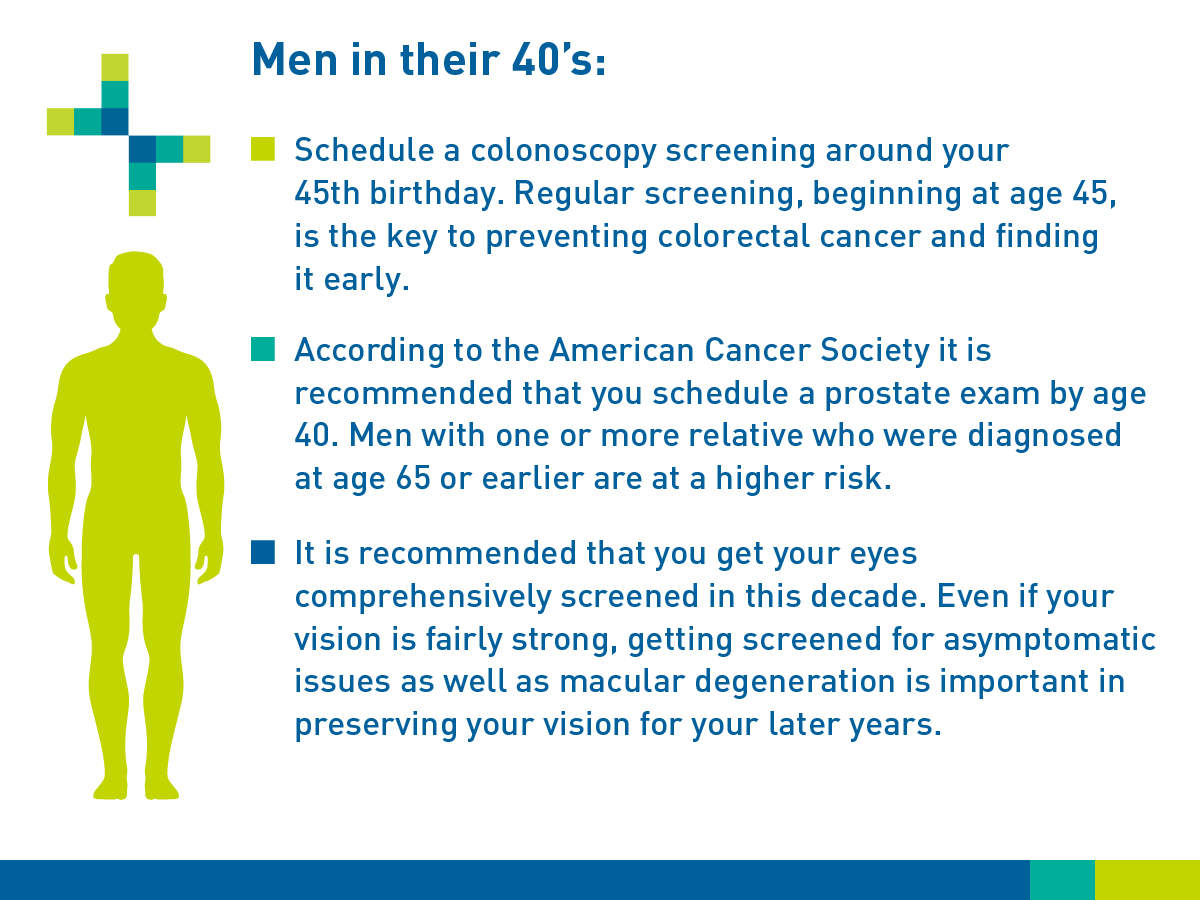 Schedule a colonoscopy screening around your 45th birthday. Regular screening, beginning at age 45, is the key to preventing colorectal cancer and finding it early. Your body does see an increase in blood sugar and blood pressure in your 40s. Work with your healthcare provider on prevention and treatment of these conditions with diet, exercise, and medication. According to the American Cancer Society, it is recommended that you schedule a prostate exam by age 45. Men with one or more relative who were diagnosed at age 65 or earlier are at a higher risk. It is recommended that you get your eyes comprehensively screened in this decade. Even if your vision is fairly strong, getting screened for asymptomatic issues as well as macular degeneration is important in preserving your vision for your later years.